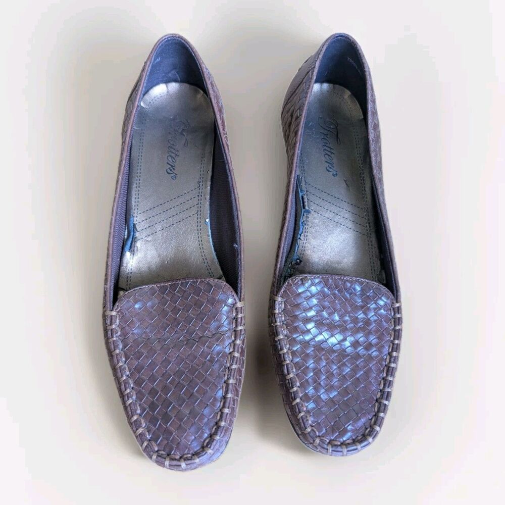 Trotters Women’s 7.5M Brown Leather Woven Loafers Slip-On Block Heel Shoes